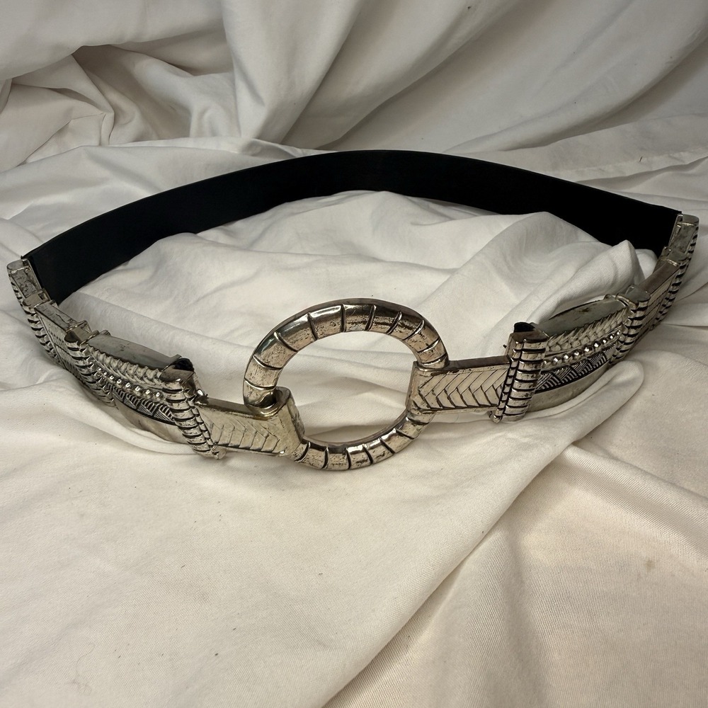 VTG Y2K Chicos Chunky Statement Belt Black Silver Avant Garde Stretch Leather
